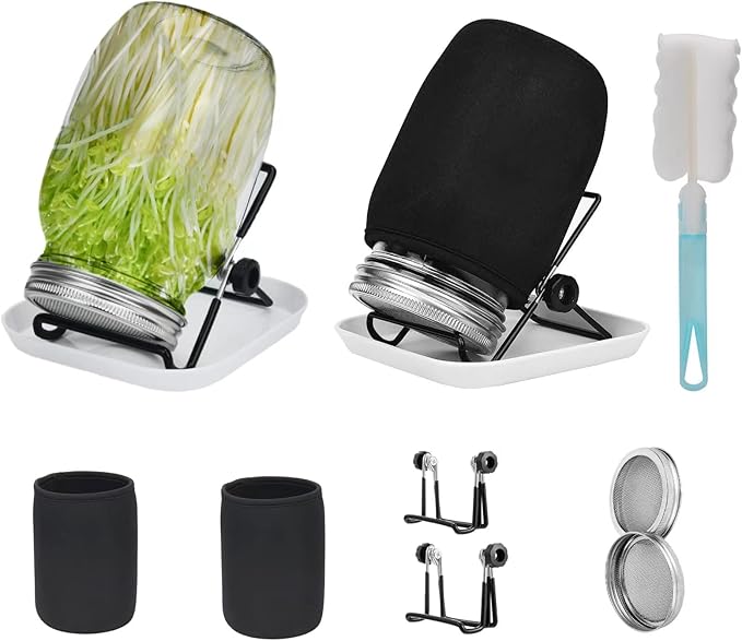 Lulonpon Sprouting Kit, 2 Sprouting Jar Kits, Wide Mouth Quart Mason Jars with Stainless Steel Screen Sprout Lids,1000ml, Stand and Canning Brush,Seed Sprouter Set for Growing Broccoli, Alfalfa