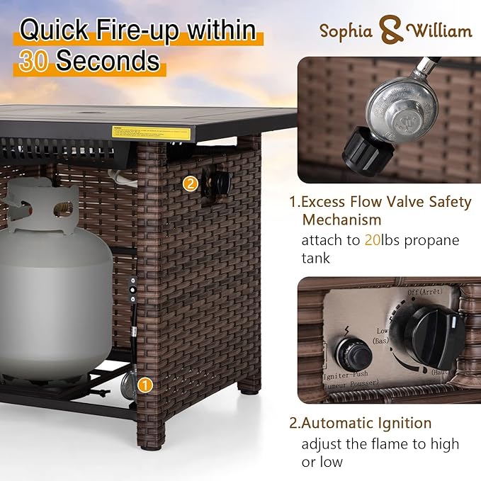 Sophia & William 32 Inch Gas Fire Pit Table Outdoor Rattan Propane Fire Table & Fireplace with Fire Glass, Lid, 50,000 BTU Firepits for Outside Patio