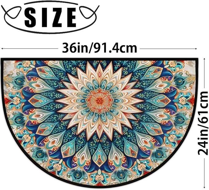 cfpolar Boho Vintage Mandala Flower Shape Half Round Semicircle Non Slip Soft Area Rug for Front Door Indoor Entrance Wear Resistant Welcome Mat for Garage Patio Home Decor 24 x 36 in