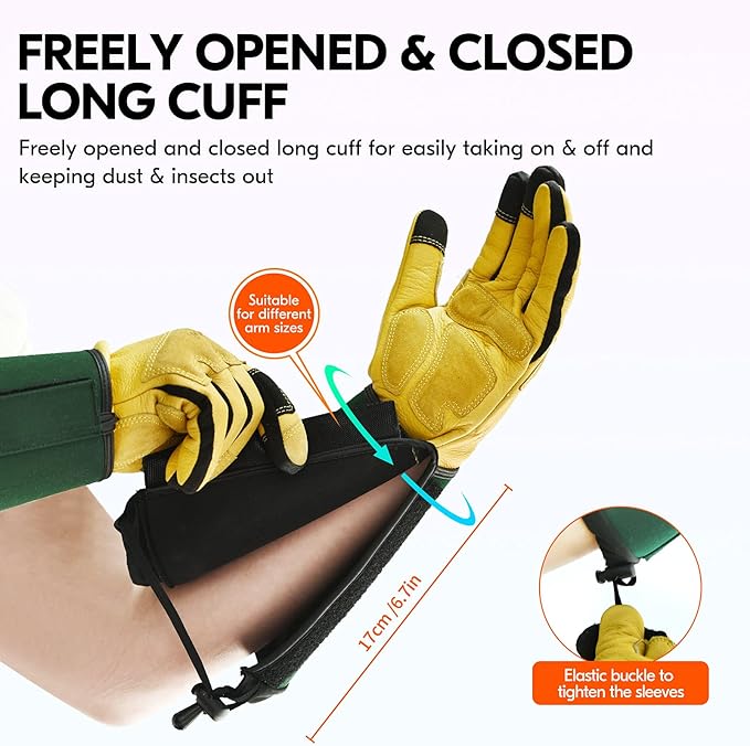 Vgo... Safety Work Gloves Men,Extra-long Cuff, Cow Grain Leather,Puncture-proof, Thornproof, Durability, Touchscreen,Gardening (1 Pair,Size XL, Golden Green, CA7472)
