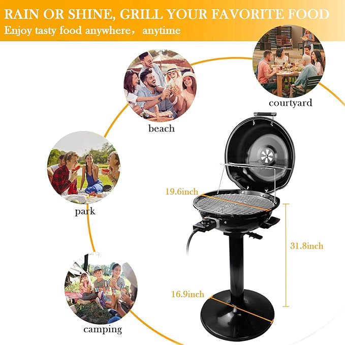 Electric BBQ Grill Techwood 15-Serving Indoor/Outdoor Electric Grill for Indoor & Outdoor Use, Double Layer Design, Portable Removable Stand Grill, 1600W (Stand Black BBQ Grills)
