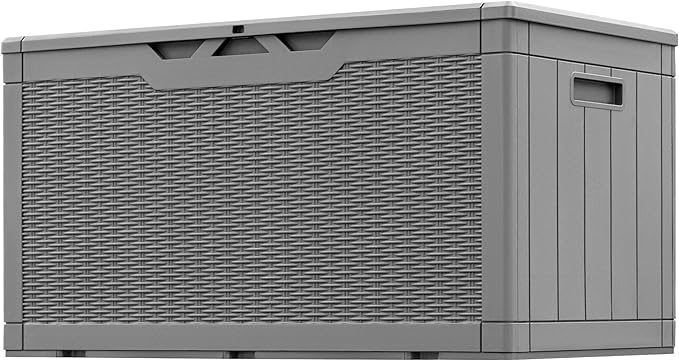 Greesum 100 Gallon Resin Patio Storage Box for Garden Tools, Outdoor Furniture Cushions, Pool Supplies, Gray
