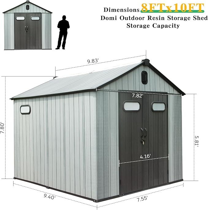 Domi 8x10FT Resin Outdoor Storage Shed with Lockable Door, Waterproof Outside Sheds with Windows & Vents, Heavy-Duty Plastic Tool Storage Shed for Patio Furniture, Lawn Mower, Bike