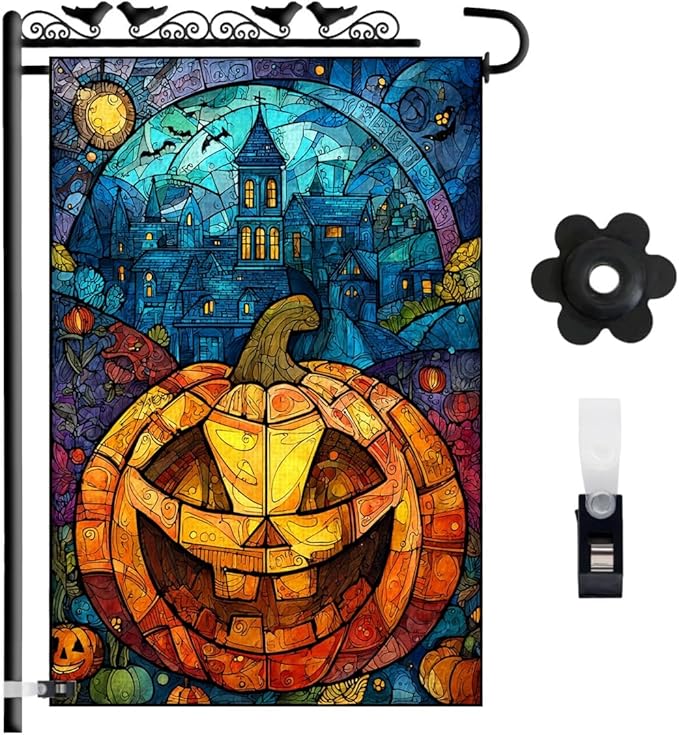 Halloween Garden Flag 12x18 – Double Sided Burlap Flag with Pumpkin & Stained Glass Design –Fall Outdoor Yard Decor for Halloween