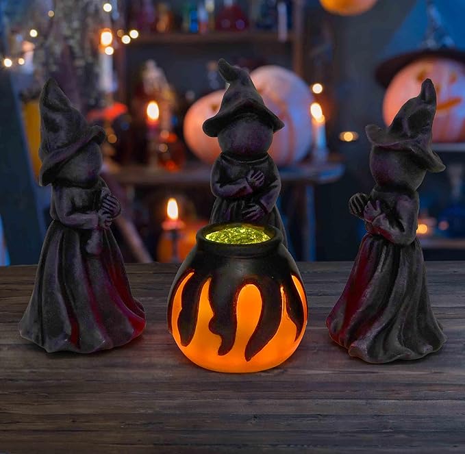 Gift Boutique Halloween Miniature Witches Cauldron Figurine Set of 4 Resin Light Up Decor for Spooky Vintage Indoor Outdoor Table Decorations Supplies