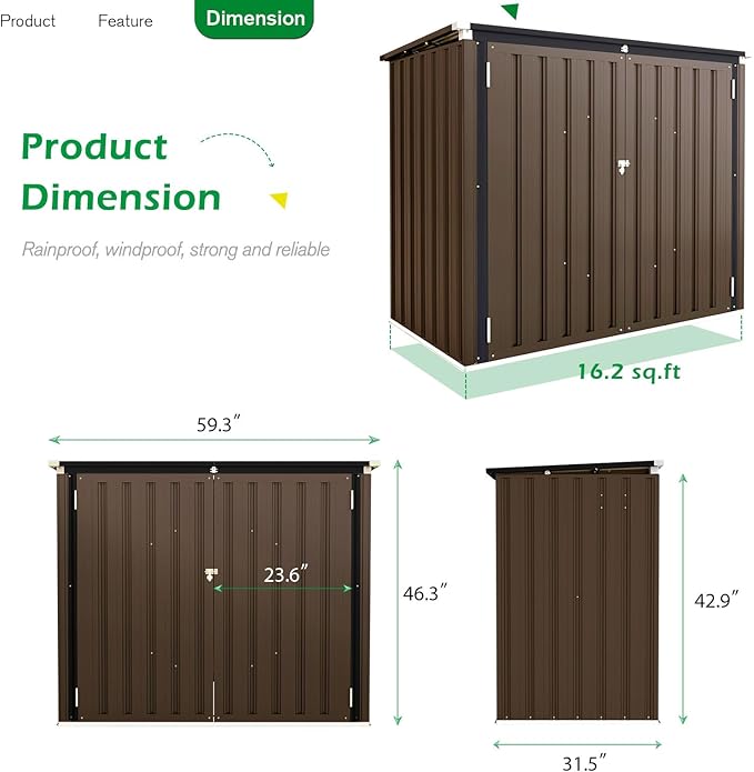 AECOJOY Outdoor Trash Can Storage, 46 Cu.Ft Outdoor Garbage Can Storage Shed, Horizontal Storage Cabinet Waterproof, Bicycle Sheds & Outdoor Storage Clearance in Brown