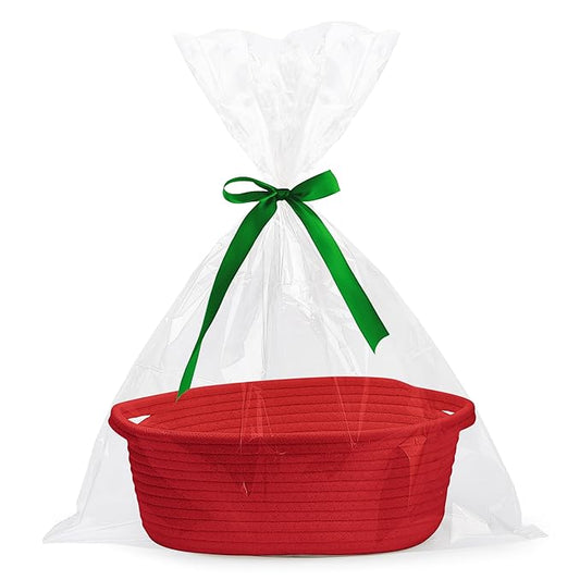 Pro Goleem Small Woven Basket with Gift Bags and Ribbons Durable Baskets for Gifts Empty Small Rope Basket for Storage 12"X 8" X 5" Baby Toy Basket with Handles, Red