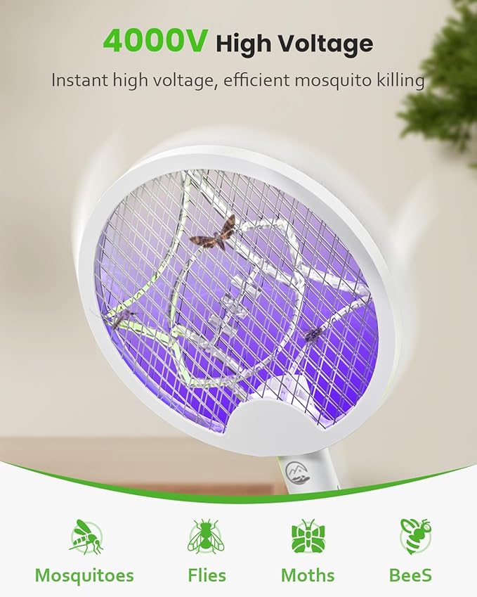Electric Fly Swatter Racket, Foldable 2 in 1 Bug Zapper with Purple Trap Lamp, 4000V & 1500mAh Powerful Mosquito Trap Killer with Type-C Rechargeable for Indoor Home Office Patio Camp(2 Pack)