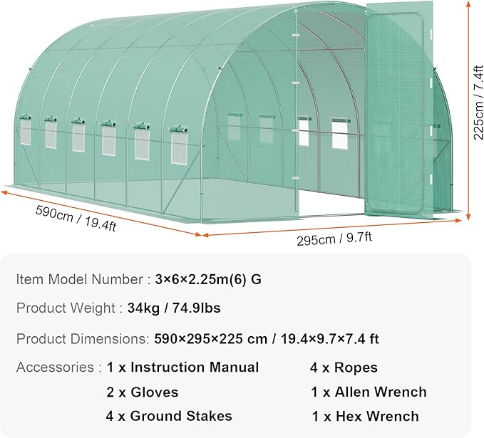 VEVOR Walk-in Tunnel Greenhouse, 19.4x9.7x7.4 ft Hoop House Greenhouse Tunnel, Plant Hot House with Galvanized Steel Frame, Green PE Cover, Swing Door and 12 Roll-up Windows for Outdoor