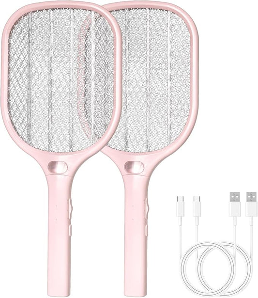 Electric Fly Swatter Racket 3000V Bug Zappers, Mosquito Zappers USB Rechargeable, 1200mAh Mosquitoes Killer Lamp & Fly Zappers with 3 Layer Safety Mesh for Home, Bedroom, Kitchen, Patio (2Pack-Pink)