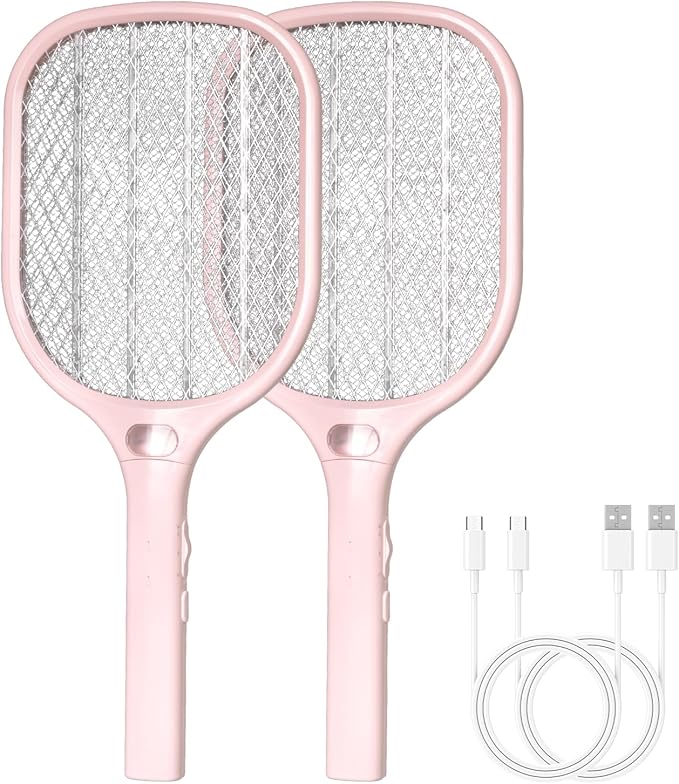 Electric Fly Swatter Racket 3000V Bug Zappers, Mosquito Zappers USB Rechargeable, 1200mAh Mosquitoes Killer Lamp & Fly Zappers with 3 Layer Safety Mesh for Home, Bedroom, Kitchen, Patio (2Pack-Pink)