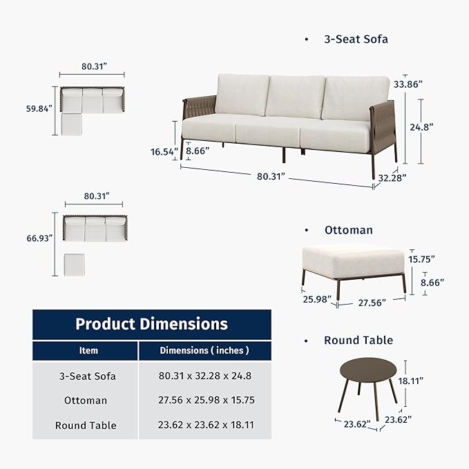 EAST OAK 3-Piece Patio Furniture Set | Life Chatter 4-Seat Outdoor Furniture | Sectional Sofa Set with Round Coffee Table | Deep Seating Sofa with Thick & Washable Cushions | Chestnut & Apricot