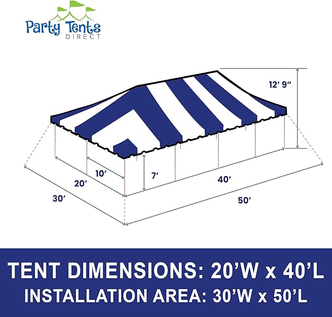 Party Tents Direct 20'x 40' Weekender Canopy Pole Tent with Sidewalls - Easy Up Canopy Tent with 160 Person Capacity - Outdoor Canopies for Parties, Weddings, and Events (Blue/White)