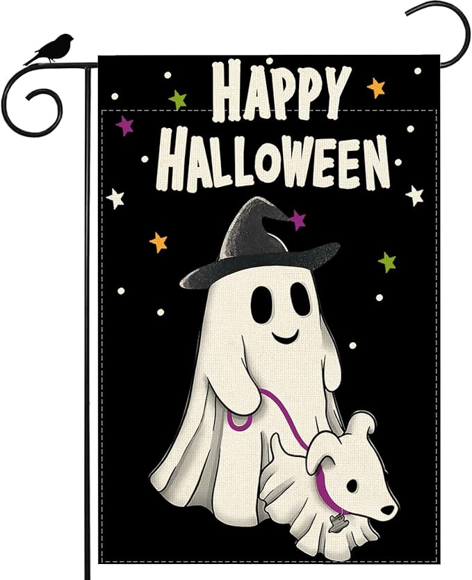 Happy Halloween Garden Flag Ghost Dog Yard Flag 12x18 Inch Double Sided Small Mini Yard Outdoor Outside Holiday Party Decoration
