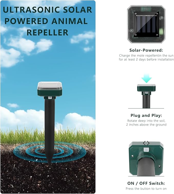 Mole Repellent Solar Powered, 8 Pack Waterproof Ultrasonic Gopher Vole Repellent Outdoor, Rat, Squirrel, Skunk, Repellent for Lawn Garden Yard