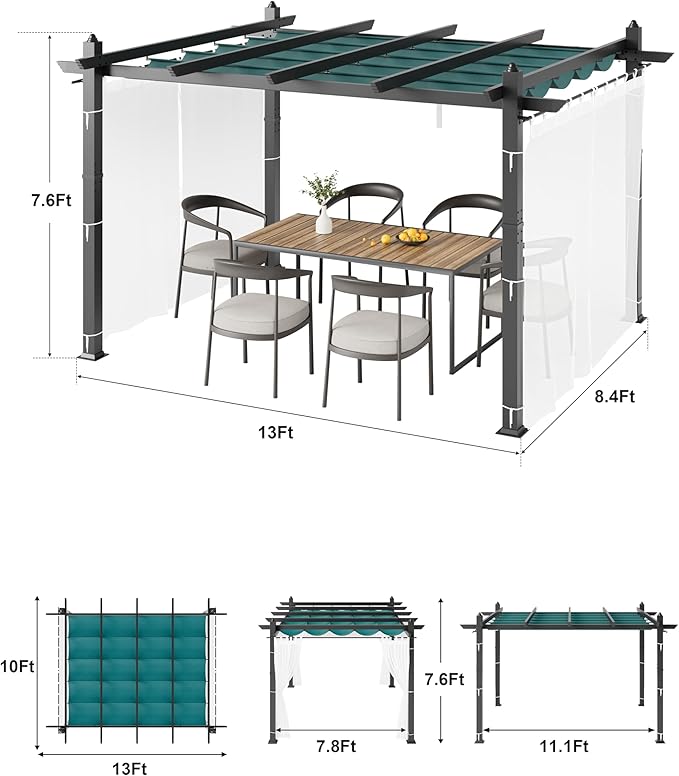 10x13 Ft Outdoor Aluminum Pergola, Upgraded Grey Retractable Pergola with Adjustable Roof & Side Mesh Screen, Modern Metal Patio Gazebo for Deck, Backyard, Porch, Vineyards, Blue + White
