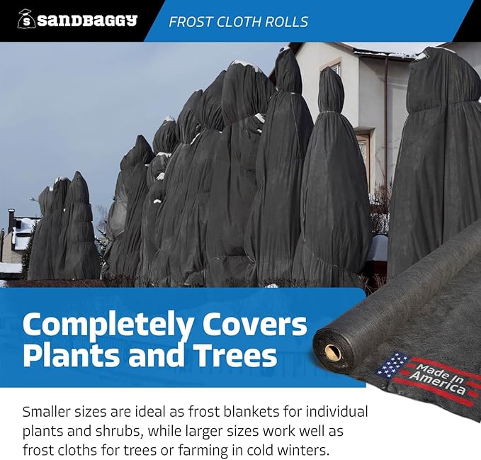 Sandbaggy Frost Cloth Rolls (12 ft x 50 ft) | Winter Cover for Shrubs, Trees, Gardens | Plant Blanket, Freeze Protection | Black, 4 oz Polypropylene (1 roll)