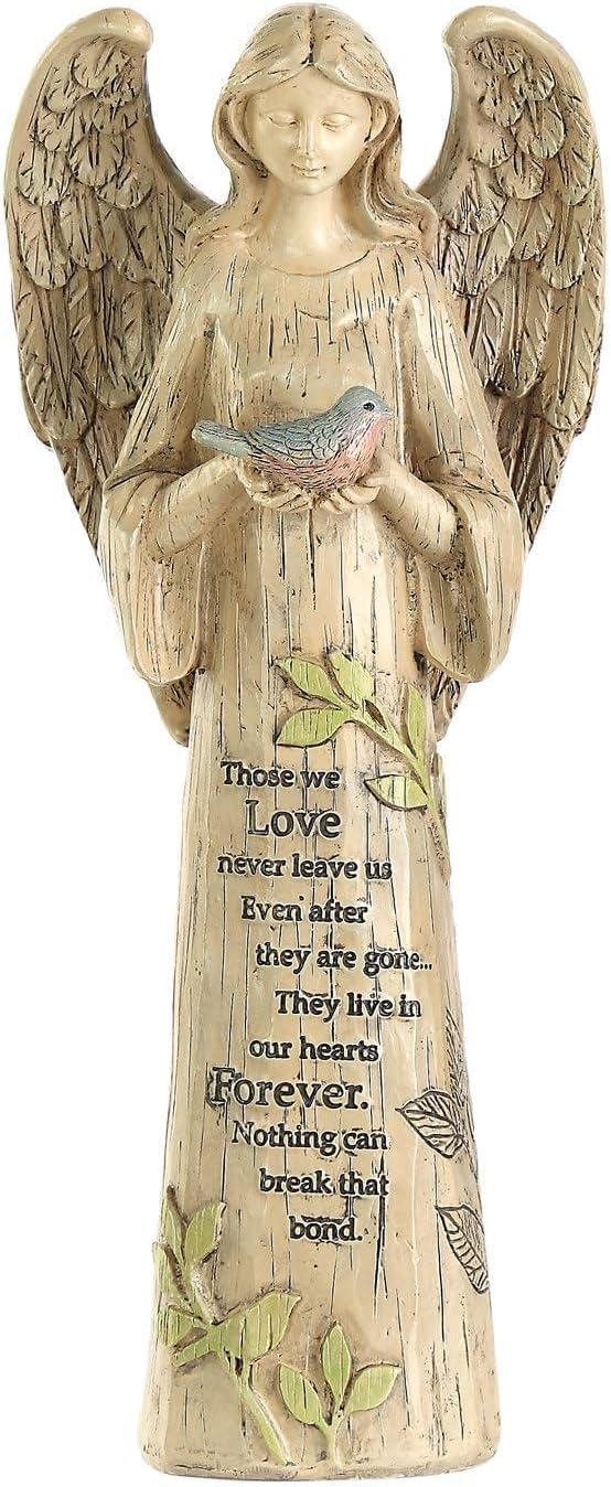DUSVALLY Angel Statue, Memory Guardian Garden Decor, 10" H Waterproof Outdoor Angel Figurine Sculpture for Lawn & Yard (Praying, Holding The Bird)