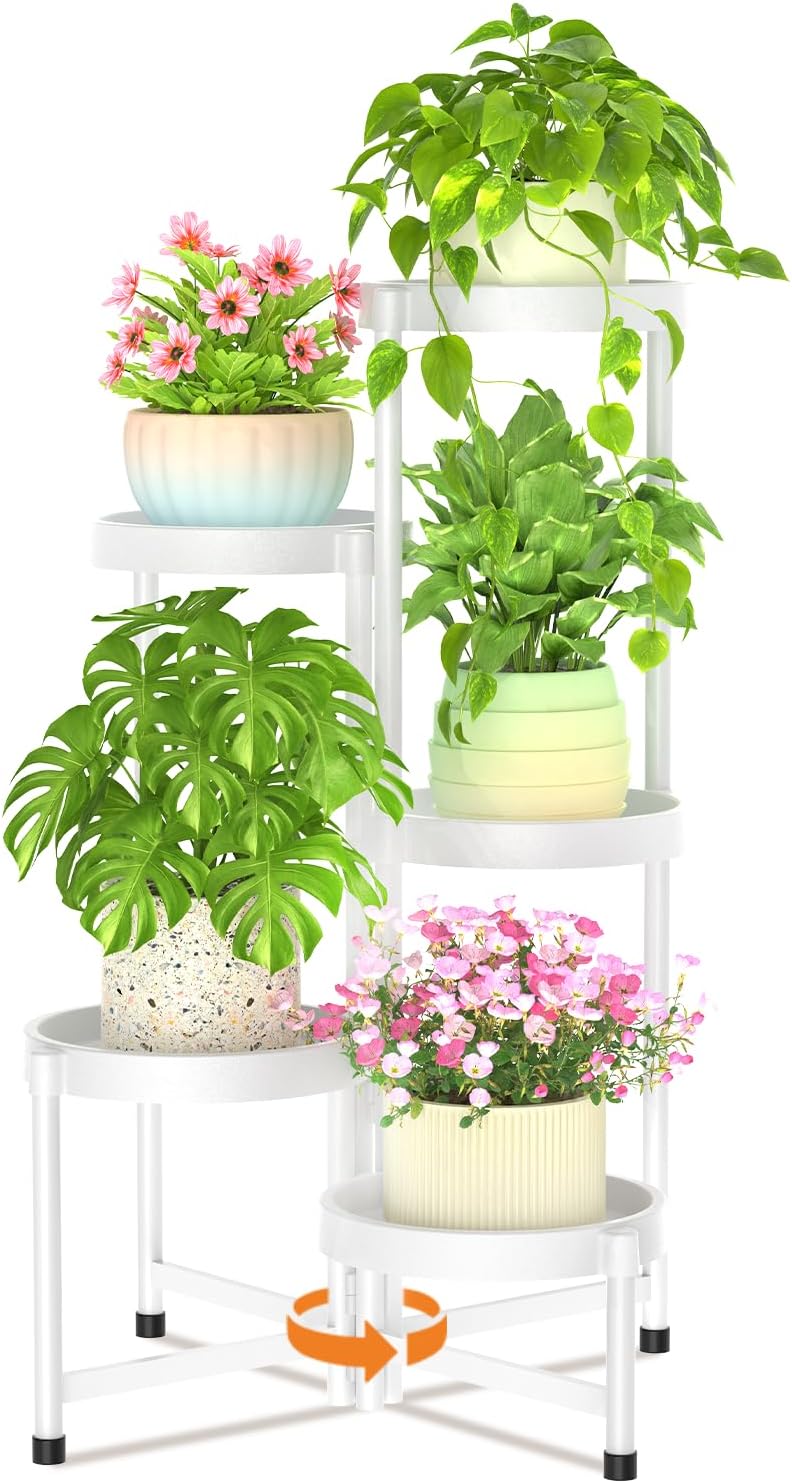 LASZOLA 5 Tiered Folding Plant Stand Indoor for Multiple Large Planter, Tall Heavy Duty Adjustable Rack with Rust Proof Plastic Shelving, Sturdy Vertical Tree Organizer for Narrow Inside Floor, White