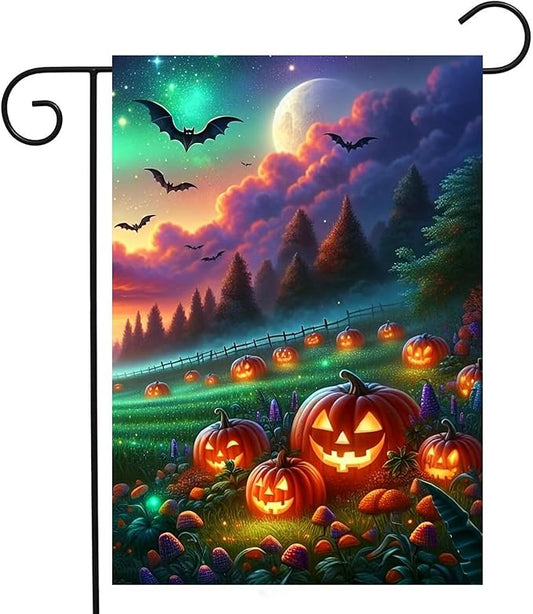 Fantasy Halloween Jack O Lantern Pumpkins Meadow Bats Full Moon Garden Yard Flag 12"x 18" Double Sided Polyester Welcome House Flag Banners for Patio Lawn Outdoor Home Decor