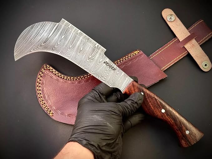 Hand Forged Damascus Steel Billhook Machete Knife – Heavy Duty Sickle Garden Tool for Cutting Trees, Yard Work, Weeding, and Camping – Survival Machete with Leather Sheath and Belt Loop