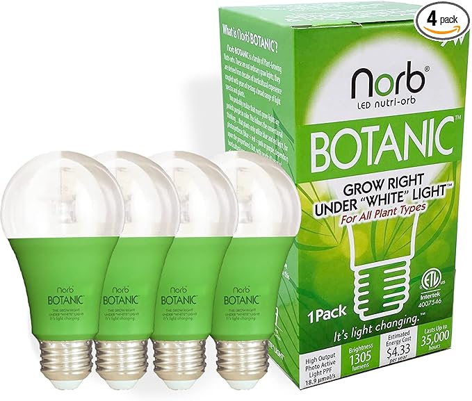 NorbBOTANIC A19 LED Grow Light – Full-Spectrum 9W Plant Light, Mimics Sunlight for Seed Germination, Optimal Indoor Plant Growth, Herbs, Tropical, Houseplants, High-Intensity, E26 (4-Pack)