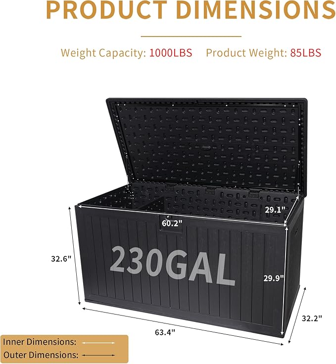 KUIKUI 288 Gallon Waterproof Deck Box, Outdoor Storage Box Waterproof Lockable with Divider and Lifter Prevent Water Seeping into from Floor for Patio Cushions