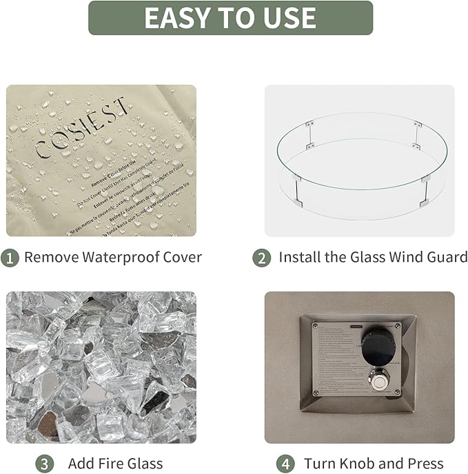 COSIEST Outdoor Propane Fire Pit Coffee Table w Gray 42 inch Round Base Patio Heater, CSA Certified, 50,000 BTU Stainless Steel Burner, Wind Guard, Transparent Gray Fire Glass, Rain Cover