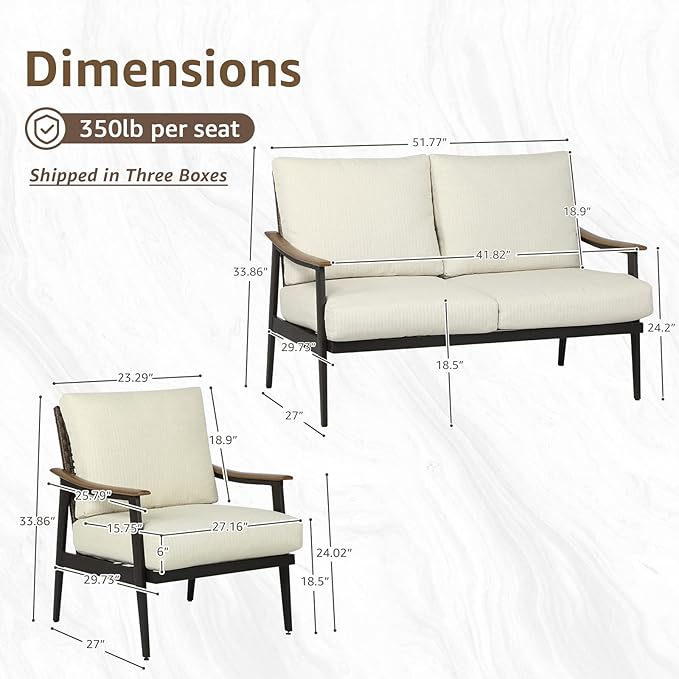 NATURAL EXPRESSIONS 3 Pieces Patio Furniture Set, Outdoor Furniture Sofa Sectional Modern Metal Patio Conversation Set with High Back Wicker Backrest & Loveseat for Balcony, Backyard, Deck, Porch