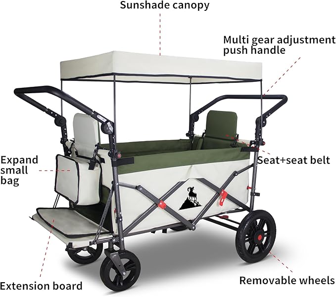 Foldable Wagon with Canopy - Collapsible Utility Cart with 2 Seats & Belts, Adjustable Handle, Expandable Front for Camping, Picnic, Shopping (Beige/Green)
