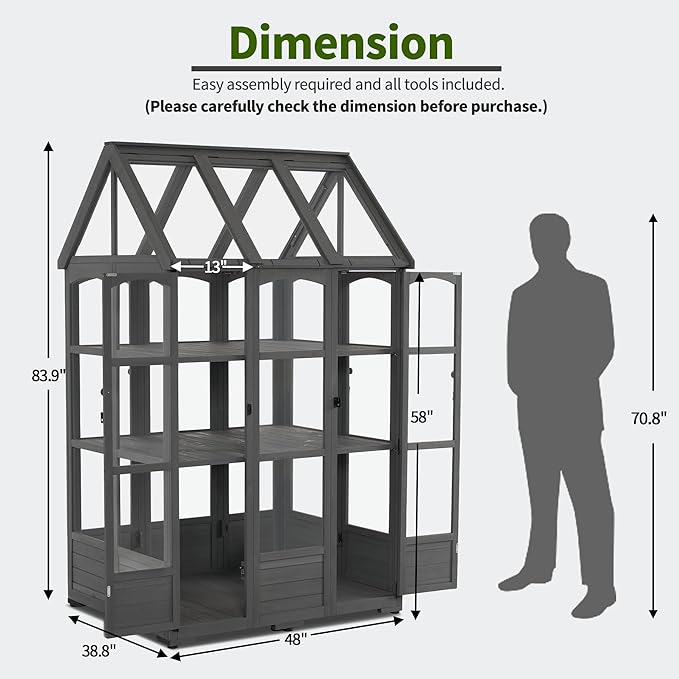 MCombo Wooden Greenhouse, Outdoor Greenhouse with Adjustable Roof Vent and 6 Lockable Door for Backyard/Outdoor Use, (48 x 38.8 x 83.9 Inches) 0851 (Dark Grey)