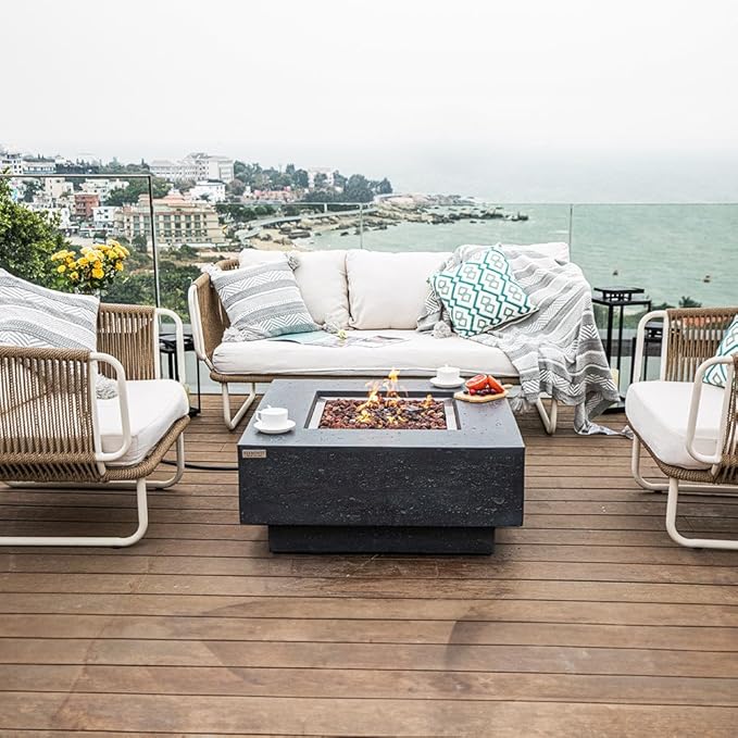 Manhattan Concrete Fire Pit 36" x 36" Outdoor Patio Firepit Includes Lava Rocks Modern Fire Pits & Outdoor Fireplaces for Garden, Deck, Indoor & Outdoor Heating