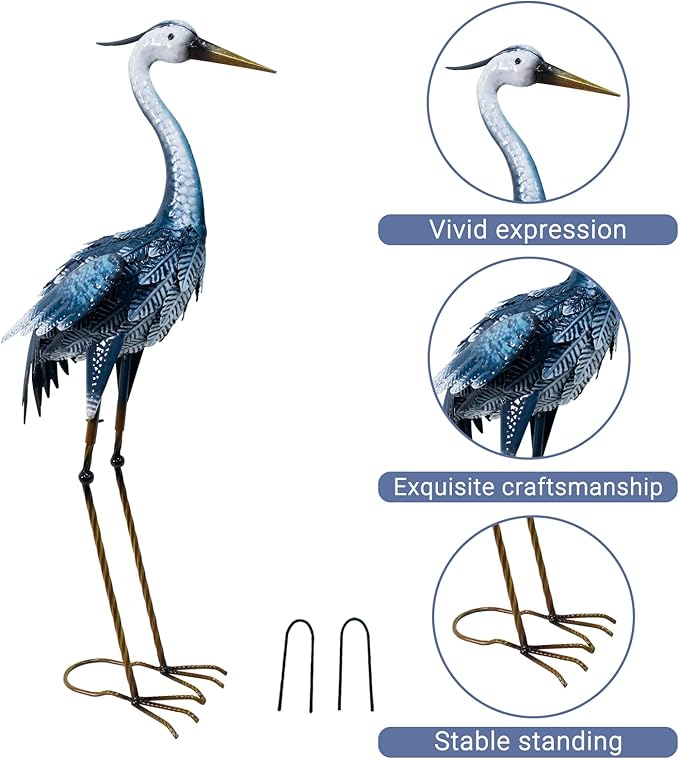 33 Inch Crane Statue for Garden Decorations, Metal Heron Yard Art, Outdoor Decor for Patio, Pond, and Backyard, Blue