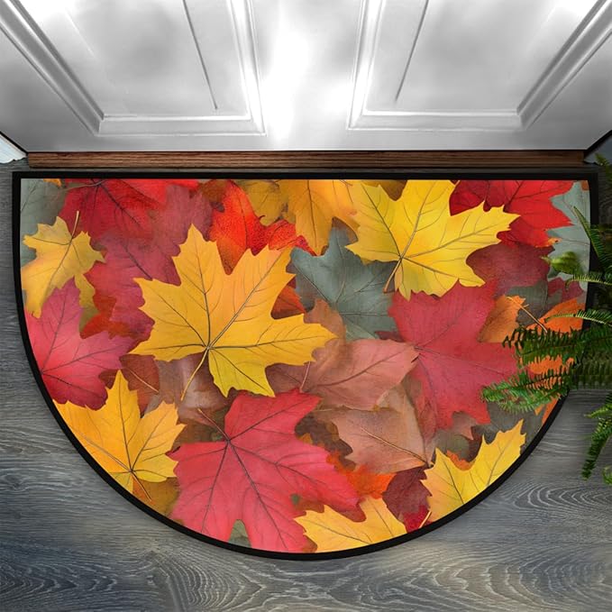 cfpolar Fall Non-Slip Soft Half Round Door Mat, Autumn Bright Maple Leaves Semicircle Mat for Indoor Entrance Garage Bath Living Room Patio 24 x 36 in