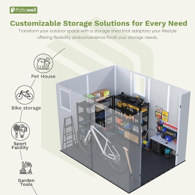 Patiowell 6 x 8 FT Outdoor Storage Shed with Floor - Resin Tool Shed with Lockable Door & 2 Windows, Easy Assembly for Garden, Backyard, Lawn Equipment, Light Gray