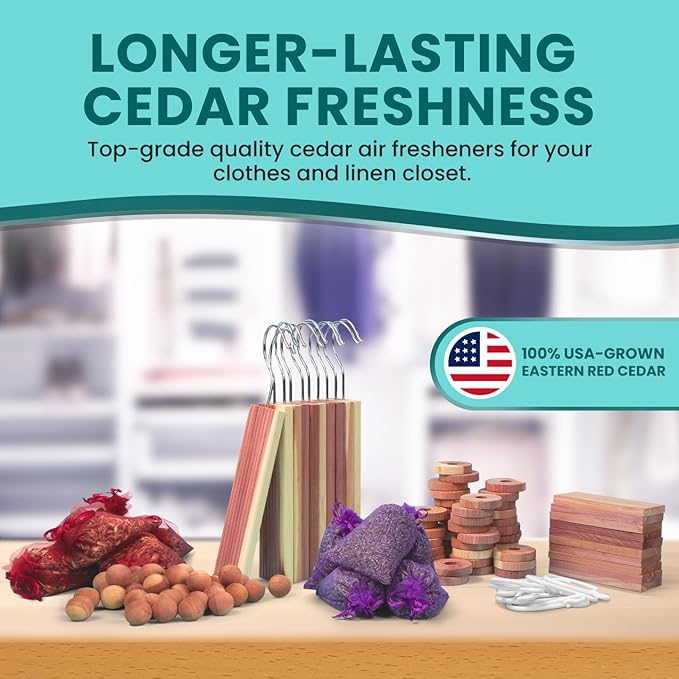 120 Variety Pack - Lavender and Cedar For Closets - Cedar Balls For Clothes Storage - Cedar Closet Protection Scent Bags - Natural Cedar Hanger Rings - Cedar Scented Balls Cedar Air Freshener For Clos