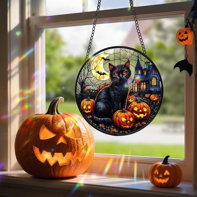 Halloween Sun Catcher - 8 Inch Round Suncatcher for Window Hanging Decoration - Creates Indoor Rainbows Light Refraction - Spooky Ghost, Witch, Pumpkin Design - Suction Cup Hook & Chain
