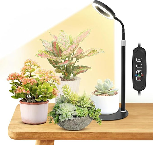 Desk Grow Lights for Indoor Plants, Red Blue UV Full Spectrum Desktop LED Plant Growing Lamps, Height Adjustable 14-24inch, 3/9/12H Auto Timer,10 Levels Dimmable, Black Table Growth Light