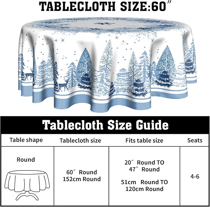 Giwawa Christmas Farmhouse Round Tablecloth 60 inch,Winter Woodland Deer Pine Tree Snowflake Holiday Tablecloths Washable Stainproof Table Cover for Home Restaurant Dining Room Decor