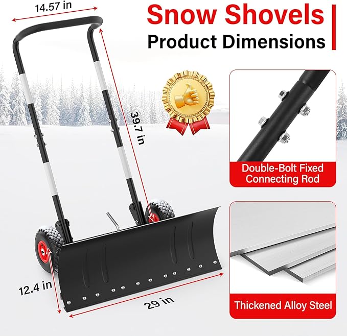 Snow Shovel Pusher for Driveway,Heavy Duty Steel Snow Shovel with Wheels,29 in Angled Blade Efficient Snow Removal,3 Level Adjustable Height Handle,Snow Plow with Safety Reflective Tape