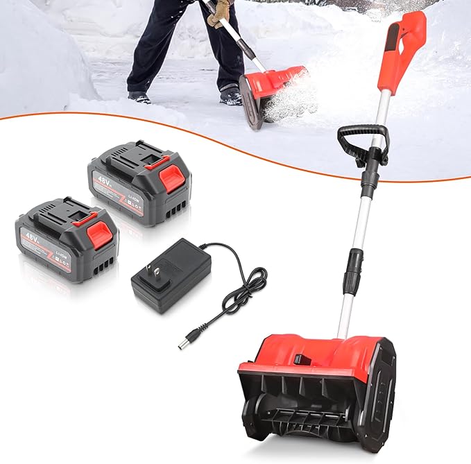 13" Cordless Snow Shovel, 2X 48V 600W Motor 4-Ah Battery Powered Snow Blower 8" Depth Electric Snow Shovel with Directional Plate Adjustable Front Handle (4-Ah Battery & Quick Charger Included) Red