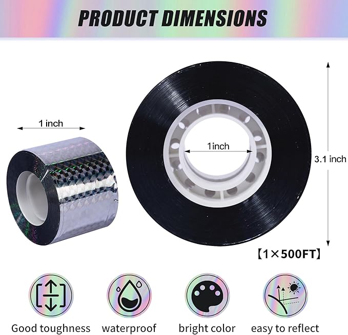 Double-Sided Reflective Bird Scare Tape Ribbon - 500ft x 1in Outdoor Reflective Tape for Gardens, Orchards & Farms - Wind Activated Flash Tape to Scare Bird - No Adhesive, Easy Tie-On Installation