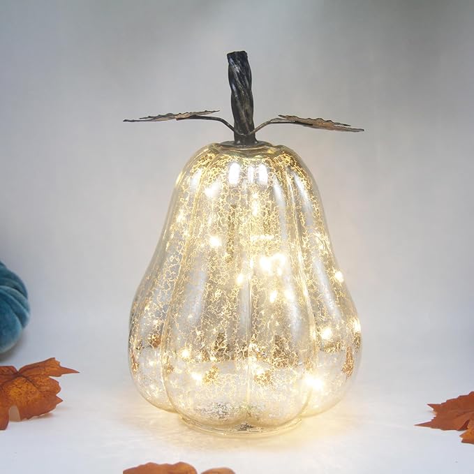Mercury Glass Pumpkin Lights with Timer, Battery Operated Led Pumpkin Lights for Halloween Fall,Thanksgiving Rustic Decor (Silver Leafy, 9")