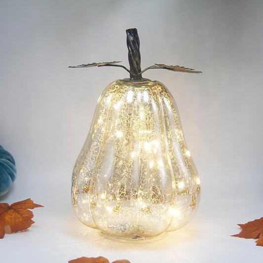 Mercury Glass Pumpkin Lights with Timer, Battery Operated Led Pumpkin Lights for Halloween Fall,Thanksgiving Rustic Decor (Silver Leafy, 9")