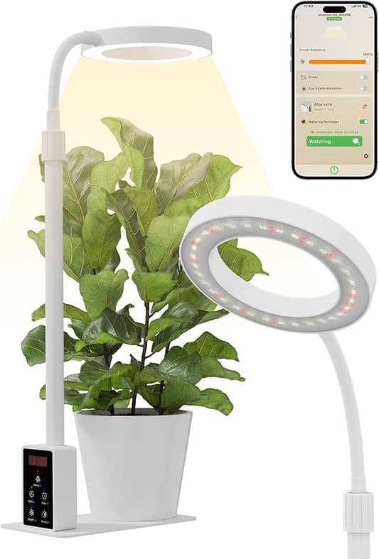 GLOWRIUM Smart LED Grow Lights for Indoor Plants, Desk Plant Light with Bluetooth App Control, 8W Full Spectrum Grow Lamp, Height Adjustable 16"-23", Auto Timer, Watering Reminder for Small Plants