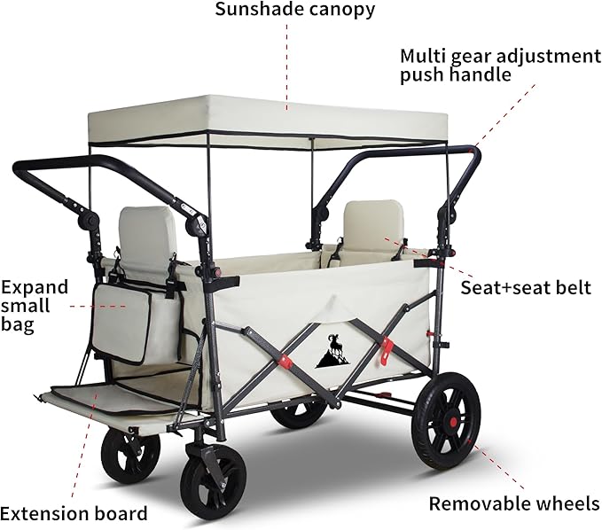 Foldable Wagon with Canopy - Collapsible Utility Cart with 2 Seats & Belts, Adjustable Handle, Expandable Front for Camping, Picnic, Shopping (Beige)