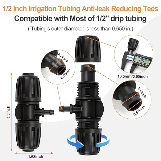 12 Pcs Barbed Tee 1/2 Inch To 1/4 Inch Irrigation Tubing Fittings, 1/2 Inch(1/2" ID x 0.65" OD) To 1/4 Inch Irrigation Adapter 16mm Hose Locked T Reducer To 1/4" Water Line Connection