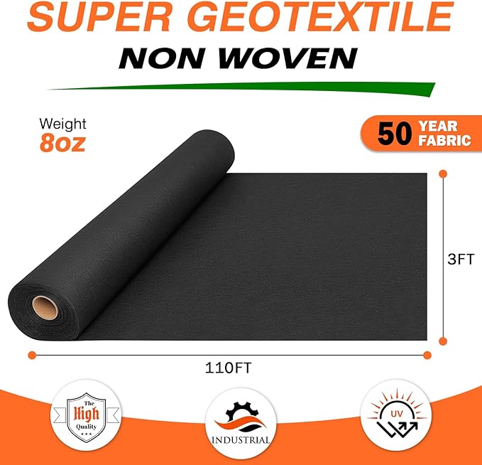 8oz 3FTx110FT Non Woven Geotextile Fabric for French Drains, Landscaping, Underlayment, Weed Control, Construction, Erosion Control