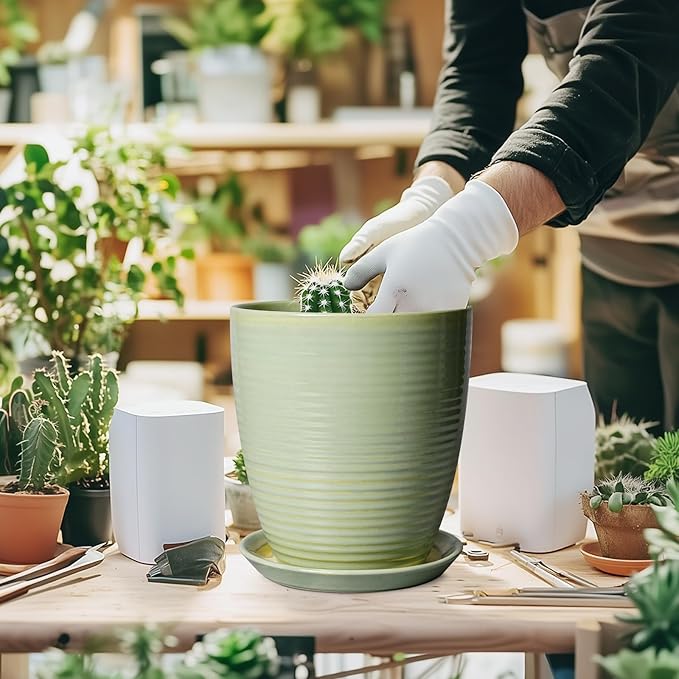 Ceramic Pots for Plants - Modern Round 8 Inch Planter with Drainage Hole and Plant Saucer for Flower Indoor Outdoor, Home Decor, House Warming Gifts, Green