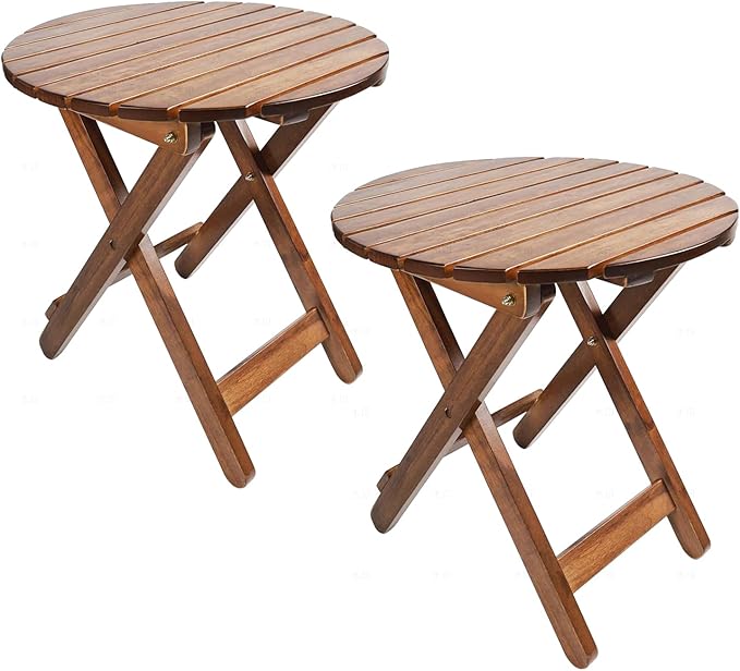Outdoor Patio Side Table Set of 2 Small Folding Wood Round End Table Coffee Furniture for Living Room, Bedroom, Plant Stand, Camping Portable Brown